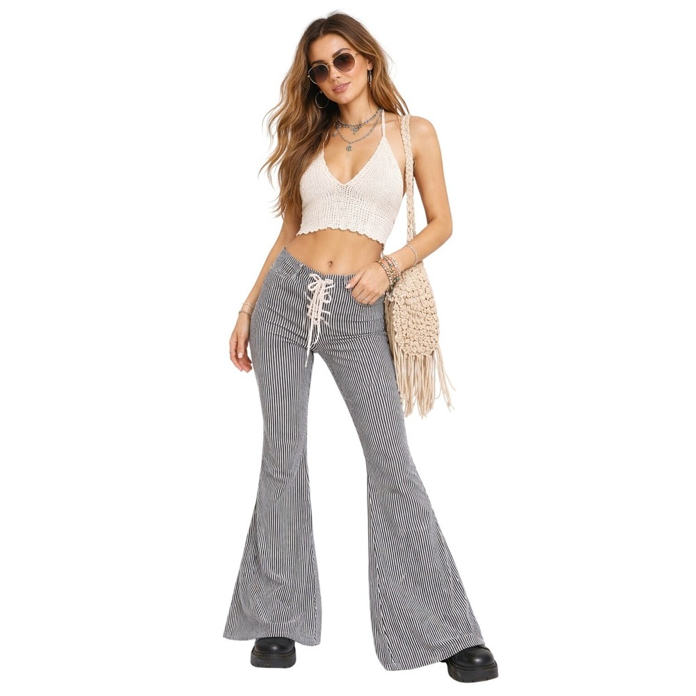 MIRACLE EYE Black White Stripe Lace Up Flare‎ Pants Y2K Rave Size L